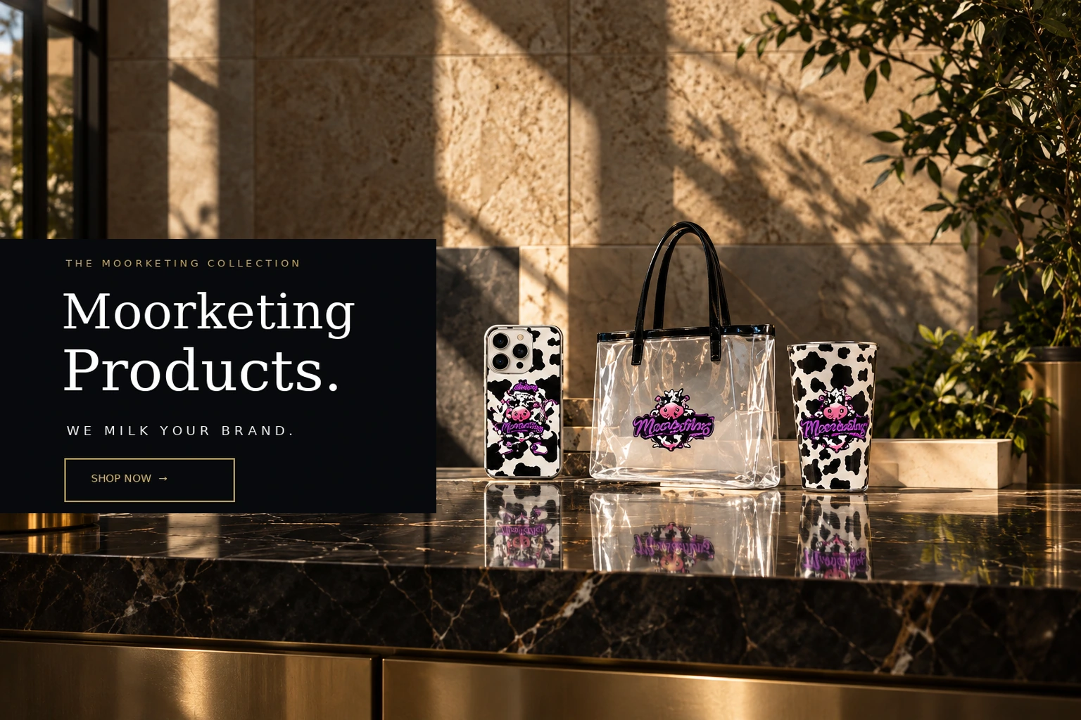 Moorketing Products luxury collection with phone case, tote bag and milk glass
